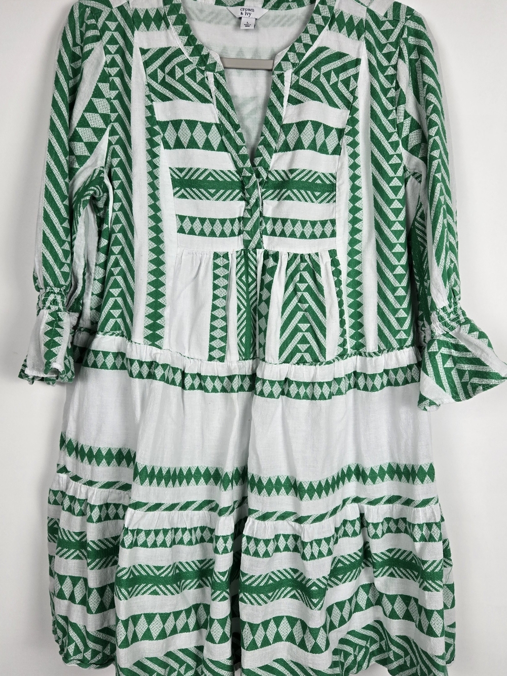 Crown & Ivy Green and White Geometric Patterned Dress 100% Cotton Boho Oversized